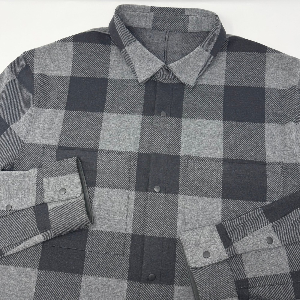 Lululemon Soft Knit Overshirt Gray Black Buffalo Plaid Snap Front Mens XL